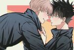  2boys black_hair black_jacket blush buttons collar_grab commentary_request eye_contact face-to-face facial_tattoo fushiguro_megumi fushirun_rung green_eyes grey_hair high_collar highres imminent_kiss inumaki_toge jacket jujutsu_kaisen long_sleeves looking_at_another male_focus multiple_boys purple_eyes short_hair spiked_hair tattoo yaoi 
