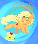  2013 apple applejack_(mlp) birthday_cake blonde_hair blue_background cake candle cowboy_hat english_text equine eyelashes female feral fire food freckles friendship_is_magic fruit fur green_eyes hair hair_tie hat horse icing mammal mostly_nude mt my_little_pony orange_fur pony quadruped red_apple rope simple_background smile teeth text 