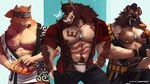  anthro brown_fur canine chopsticks clothing detailed dog fangs food fur gloves happi_coat headband hyena jewelry jockstrap looking_at_viewer male mammal muscular muscular_male necklace nipples orange_fur pecs shiba_inu shirt simple_background sushi underwear vallent were werethrope werethrope_laporte werewolf 