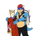  alternate_color black_pants bowser clothing couple_(disambiguation) crossover duo fox_mccloud fuze gloves mario_bros nintendo red_jacket scarf simple_background star_fox video_games white_background 