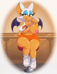 2017 acstlu anthro areola bat big_areola big_breasts breasts clothed clothing clothing_lift eyelashes fangs fur hooters huge_breasts mammal nipples open_mouth rouge_the_bat shirt shirt_lift sitting sonic_(series) white_fur wings 