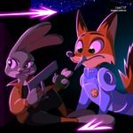  2017 abstract_background absurd_res anthro barefoot canine clothed clothing dipstick_ears dipstick_tail disney duo explosives fanartiguess female fox fully_clothed fur green_eyes grenade grey_fur grin gun handgun hi_res holding_object holding_weapon judy_hopps lagomorph looking_back male mammal multicolored_fur multicolored_tail nick_wilde open_jacket pistol police_uniform purple_eyes rabbit ranged_weapon signature sitting smile surprise uniform url weapon zootopia 