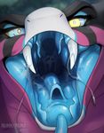  2017 black_scales blue_tongue digital_media_(artwork) eyelashes fangs female front_view gaping_mouth headshot_portrait hi_res looking_at_viewer mouth_shot multicolored_scales nummynumz open_mouth portrait purple_scales reptile saliva scales scalie snake solo spiral_eyes tongue tongue_out watermark white_scales 