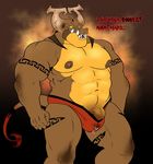  2017 6pklion abs absurd_res anthro behemoth biceps big_muscles clothed clothing demon digital_media_(artwork) english_text glowing glowing_eyes half-erect hi_res horn looking_at_viewer looking_back male muscular nipples pecs penis precum quads scales sharp_teeth skimpy solo standing stocky tattoo teeth text topless underwear vein veiny_penis 