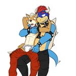  alternate_color black_pants bowser briefs clothing fox_mccloud fuze hand_on_chest male-male mario_bros nintendo red_pants scarf simple_background star_fox tighty_whities underwear undressing video_games white_background white_underwear 