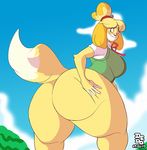  2017 animal_crossing anthro big_butt blonde_hair bottomless butt canine clothed clothing dipstick_tail dog female hair hand_on_butt huge_butt isabelle_(animal_crossing) lionalliance mammal multicolored_tail nintendo shih_tzu smile solo thick_thighs video_games 