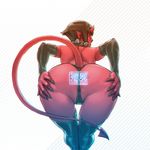  2017 anus arm_warmers armwear bent_over big_butt black_hair butt clothing collar demon female hair horn jiangshi_(artist) looking_back not_furry pointy_ears presenting presenting_hindquarters red_skin smile solo spread_butt spreading thong 