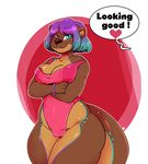  &lt;3 2017 abstract_background areola_slip arnachy biting_lip blue_eyes blue_hair bracelet breasts brown_fur camel_toe clothing countershading crossed_arms english_text female fur hair hi_res jewelry looking_at_viewer mammal multicolored_hair mustelid nipple_bulge otter purple_hair short_hair solo speech_bubble standing swimsuit text thick_thighs two_tone_hair 