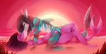  2017 anthro bedroom_eyes bikini bite_mark clothing digital_media_(artwork) duo eyes_closed female female/female fish half-closed_eyes kissing kristiana_puff marine purple_eyes purple_skin seductive shark sunset swimsuit tiger_shark zaria_carcharadon 