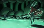  balls blush butt detailed_background glans hollow_knight hollow_knight_(species) hornet_(hollow_knight) humanoid_penis japanese_text melee_weapon nobu_michi penis protagonist_(hollow_knight) text weapon 