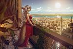  anthro balcony braided_hair canine city clothed clothing cloud curtains dress female fennec fox hair ivy jewelry mammal melee_weapon mosque mountain necklace plant ponytail punisa red_dress river sailboat solo standing sword weapon white_hair 