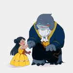  2015 3_toes 4_fingers 5_fingers alien alpha_channel beast_(disney) beauty_and_the_beast belle_(disney) black_hair blush brown_eyes clothing cosplay digital_drawing_(artwork) digital_media_(artwork) disney dress duo ear_piercing female gantu grey_skin hair hand_holding hi_res human kneeling lilo_and_stitch lilo_pelekai long_hair male mammal nervous open_mouth open_smile piercing simple_background size_difference smaller_human smile sweat toes transparent_background y-yuki 