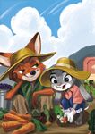  2017 absurd_res anthro barefoot berry canine carrot claws clothed clothing crouching dipstick_ears disney duo ears_down farm female food fox fruit fur gloves gloves_(marking) green_eyes hat hi_res judy_hopps lagomorph long_ears male mammal markings nick_wilde open_mouth open_smile outside pafull purple_eyes rabbit sitting size_difference smile toe_claws vegetable zootopia 