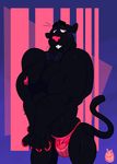  2017 5_fingers abstract_background anthro biceps biped black_body black_panther black_tail blue_background bow_tie bulge claws clenched_teeth clothed clothing digital_drawing_(artwork) digital_media_(artwork) ears_back feline front_view hairy half-closed_eyes hands_together looking_away male mammal muscular muscular_male nipples panther pawpads pecs pink_background pink_bottomwear pink_claws pink_clothing pink_eyes pink_nipples pink_nose pink_pawpads portrait quads ryarik shy simple_background skimpy slit_pupils smile solo standing teeth th_tarzan thong three-quarter_portrait topless watermark whiskers 