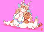  2017 anthro antlers belly big_breasts bikini biped blonde_hair blue_bottomwear blue_clothing blue_nose blue_topwear blush braided_hair breasts brown_eyes brown_fur brown_spots bushes cervine chest_tuft cleavage clothed clothing cloven_hooves countershade_face countershade_torso countershading deer digital_drawing_(artwork) digital_media_(artwork) digitigrade eyelashes female flower flower_crown flower_in_hair foreshortening front_view full-length_portrait fur hair hanging_breasts head_tilt hooves horn hybrid jackalope lagomorph leg_tuft long_hair looking_away mammal multicolored_fur nipple_bulge overweight overweight_female petravey_(fursona) piebald piebald_fur pink_background plant portrait ryarik shadow side_braid simple_background sitting skimpy smile solo sparkling splits spots spotted_fur spread_legs spreading swimsuit thick_thighs tuft two_tone_fur watermark white_countershading white_fur white_horn white_spots 