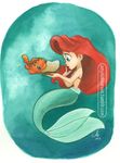  2013 5_fingers amymebberson ariel_(disney) blue_eyes border disney duo eyelashes female feral fish food hair lilo_and_stitch marine merfolk orange_scales pudge_the_fish red_hair sandwich_(food) scales seashell_bra signature the_little_mermaid tradition_media_(artwork) underwater url water watermark white_border 