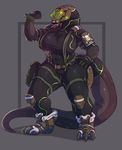  2017 anthro armor big_breasts breasts clothed clothing digital_media_(artwork) female footwear glowing glowing_eyes helmet hi_res holster komodo_dragon lizard looking_at_viewer monitor_lizard reptile rube scalie skin_suit solo thick_thighs tight_clothing wide_hips 
