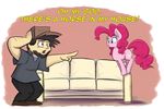  2016 blue_eyes clothed clothing cutie_mark earth_pony english_text equine female feral friendship_is_magic fur hair hat heir-of-rick horse human jontron male mammal my_little_pony pink_fur pink_hair pinkie_pie_(mlp) pointing pony smile sofa solo text 