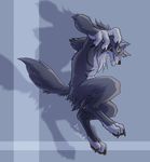  2006 4_fingers anthro barefoot biped black_claws black_nose canine claws digital_media_(artwork) fur grey_background grey_fur grey_tail jc_(artist) jumping male mammal multicolored_fur nude shadow side_view signature simple_background snout solo toe_claws toes two_tone_fur were werewolf 