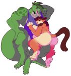  2016 alpha_channel butt cat donitkitt eyes_closed feline female hug lizard male mammal muscular muscular_male overweight overweight_female reptile scalie simple_background tongue tongue_out transparent_background 