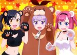  :3 :d absurdres animal_costume animal_ears arm_up bear_costume bear_ears bear_girl black_gloves black_hair black_hairband blue_eyes blush breasts choker cleavage cleavage_cutout collarbone crop_top eyes_visible_through_hair fang gloves hairband highres looking_at_viewer medium_breasts midriff mochizuki_momiji multiple_girls narumi_tsubame navel new_game! nyantype official_art open_mouth paw_gloves paw_pose paws pink_hair purple_eyes purple_hair scan short_hair side_ponytail sleeveless small_breasts smile standing star stomach suzukaze_aoba upper_body white_gloves yellow_eyes zipper 