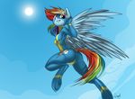  2016 anthro anthrofied blue_feathers butt cloud cutie_mark day equine feathered_wings feathers female friendship_is_magic hair looking_at_viewer mammal multicolored_hair my_little_pony outside pegasus quynzel rainbow_dash_(mlp) sky smile solo sun wings 