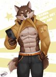  2017 abs anthro canine clothed clothing dog fur hoodie kemono male mammal muscular naruever nipples pants pecs solo 