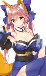  animal_ears caster_(fate/extra) cleavage fate/extra fate/grand_order fate/stay_night japanese_clothes rurikoma tail thighhighs 