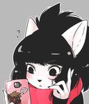  &lt;3 ? anthro black_eyes black_hair brown_fur brown_hair cellphone clothed clothing english_text eyelashes feline female fur grey_background hair heterochromia hi_res mammal mercy_(suelix) open_mouth phone scar scarf selfie simple_background solo speech_bubble suelix text white_fur 