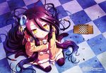  absurdres between_legs black_legwear character_doll checkered checkered_floor chess_piece chessboard copyright_name from_above hair_between_eyes hand_between_legs highres indoors jewelry long_hair looking_at_viewer looking_up makabe_makoto_(artist) megami no_game_no_life parted_lips purple_hair riku_(no_game_no_life) ring shuvi_(no_game_no_life) sitting solo thighhighs very_long_hair yellow_eyes 