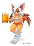  2017 alcohol anthro bat bat_wings beer beverage blue_hair breasts cleavage clothed clothing eyelashes female food footwear hair hooters looking_at_viewer mammal membranous_wings midriff navel rouge_the_bat sif simple_background smile solo sonic_(series) white_background white_hair wings 