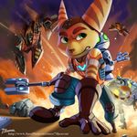  2017 7theaven anthro clank clothed clothing fur gloves green_eyes group lombax machine male mammal ratchet ratchet_and_clank robot stripes video_games 
