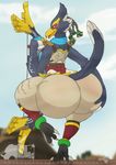  2017 ambiguous_gender anthro avian big_butt breath_of_the_wild butt cel_shading hand_on_butt huge_butt hyper hyper_butt looking_at_viewer nintendo one_leg_up outside rear_view revali rhynobullraq rito solo the_legend_of_zelda thick_thighs video_games 