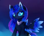  &lt;3 &lt;3_eyes 2016 blue_feathers cosmic_feathers cosmic_hair cutie_mark equine eyelashes feathered_wings feathers female feral friendship_is_magic horn jewelry looking_at_viewer magnaluna mammal my_little_pony necklace night nude outside princess_luna_(mlp) simple_background sitting smile solo winged_unicorn wings 