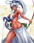  arrow bare_shoulders blue_eyes bow_(weapon) breasts dark_skin high_ponytail highres large_breasts long_hair majikina_mina midriff navel parted_lips samurai_spirits sideboob silver_hair solo tama_(tamakaka1031) tan thighs very_long_hair weapon 