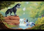  black_bars black_fur black_nose blood canine dalmatian day detailed_background dog fur kitchiki mammal outside paws pink_nose smile spots spotted_fur standing water white_fur wolf 