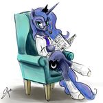  2014 anthro anthrofied armchair blue_fur blue_hair chair clothing crown cutie_mark equine eyewear female friendship_is_magic fur glasses hair hi_res horn legwear long_hair looking_at_viewer mammal my_little_pony necktie newspaper pipe princess_luna_(mlp) royalty shirt silfoe smoke smoking smoking_pipe socks solo teal_eyes unicorn 