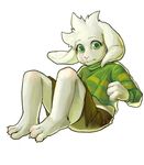  3_toes 4_fingers anthro asriel_dreemurr barefoot binnece boss_monster caprine child clothing fur goat green_eyes hi_res long_ears male mammal simple_background solo stripes toes undertale video_games white_background white_fur young 