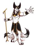  anthro big_ears black_fur bracelet canine clothed clothing collar egyptian en1gmat1c fennec fox fur green_eyes hair hybrid invalid_color jewelry kaelyn_idow loincloth long_hair male mammal marble_fox multi_tail plantigrade simple_background solo staff white_fur 