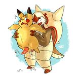  2017 anal anal_penetration anthro balls chesnaught cum cum_inside digital_media_(artwork) duo erection fur hair hi_res male male/male mammal nintendo nude open_mouth penetration penis pikachu pok&eacute;mon raburigaron rodent sex simple_background slightly_chubby smile spikes tapering_penis tongue video_games 