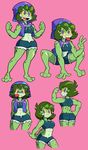  2015 3_toes 5_fingers abs amphibian anelia anthro breasts butt clothing female flexing frog green_hair green_skin hair hi_res looking_at_viewer muscular muscular_female navel pink_background purple_eyes shenaniganza shorts simple_background tiptoes toes tongue tongue_out v_sign yellow_sclera 