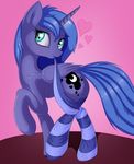  &lt;3 2017 blue_eyes blue_feathers blue_hair clothed clothing cutie_mark dressing equine feathered_wings feathers female feral friendship_is_magic hair hi_res horn legwear looking_at_viewer mammal my_little_pony pink_background princess_luna_(mlp) simple_background smile socks solo striped_legwear stripes twiren winged_unicorn wings 
