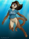  2014 anthro blue_eyes bottomless brian_mcpherson brown_hair bubble clothed clothing english_text female hair mammal mustelid otter pussy solo tallula text underwater water 