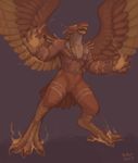  2017 abs anthro armor avian beak biceps biped bird claws d-sui digimon digital_drawing_(artwork) digital_media_(artwork) feathered_wings feathers fire garudamon hair helmet hi_res male muscular muscular_male nude pecs simple_background solo standing toe_claws wings 