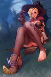  absurdres alternate_costume barefoot blonde_hair breasts brown_legwear cleavage earrings feet highres hips holding holding_shoes jewelry kairuhentai long_hair looking_at_viewer medium_breasts mercy_(overwatch) overwatch revision shoes single_shoe smile solo thighhighs toeless_legwear toenail_polish toes witch_mercy 