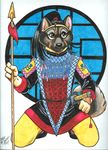  2007 anthro black_fur brown_eyes brown_fur canine chinese_clothing chinese_foo_dog chinese_zodiac clothing dog fur grey_fur male mammal melee_weapon polearm solo spear sword tan_fur tassels terrie_smith topknot uniform weapon 
