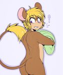  ! 2017 anthro blonde_hair blush brown_fur butt clothing crackers fur grey_background hair male mammal mouse nude pink_nose purple_eyes rear_view rodent shirt simple_background solo standing undressing yellow_fur 