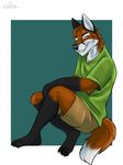  2017 4_toes anthro black_fur black_nose canine cinta clothed clothing fox fully_clothed fur gloves_(marking) hair jasperfoxx looking_at_viewer male mammal markings multicolored_fur orange_eyes orange_fur orange_hair shorts simple_background sitting smile socks_(marking) solo teeth toes white_fur 