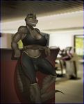  anthro big_breasts big_bulge breasts bulge clothing dickgirl gym horn intersex lizard looking_at_viewer nolollygagging_(artist) penis_outline reptile scalie smile solo tight_clothing voluptuous 