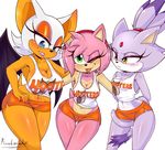  2017 amber_eyes amy_rose anthro bat big_breasts black_nose blaze_the_cat blue_eyes blush breasts cat cleavage clothed clothing colored_nails eyelashes fangs feline female flame-lonewolf green_eyes group hair hedgehog hi_res hooters looking_at_viewer mammal midriff navel nipple_bulge one_eye_closed pink_hair purple_hair rouge_the_bat simple_background small_breasts sonic_(series) tongue tongue_out white_background white_hair wings wink 